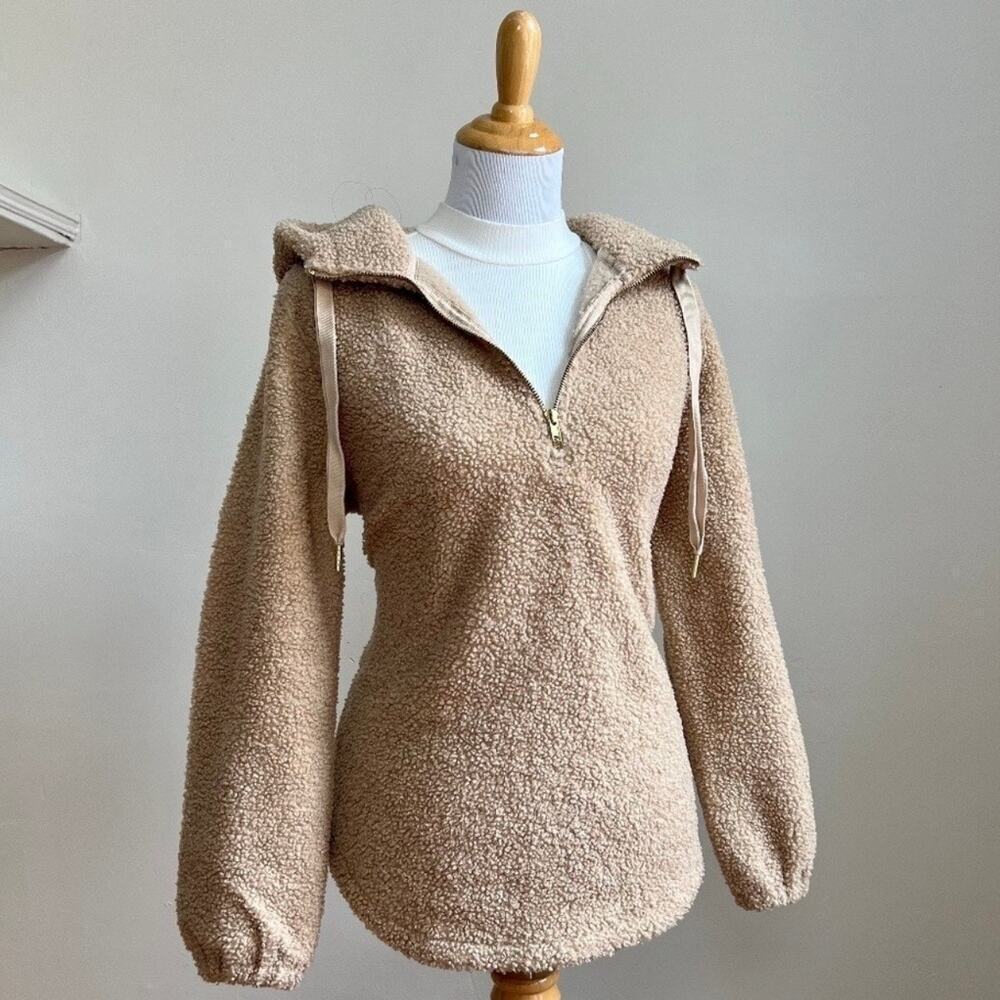 LOFT Sherpa Teddy Neutral Tan Cozy Fleece Hoodie Sweater Womens Medium - Picture 9 of 9